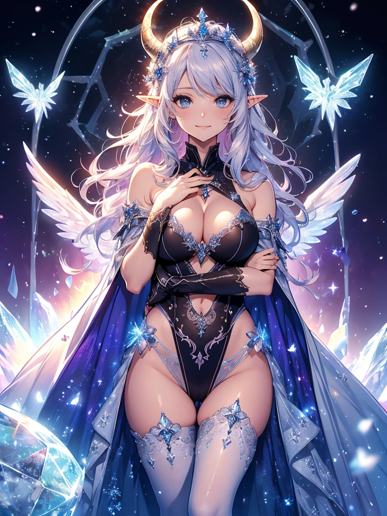 最high quality、最high quality、1 woman elf、Succubus、Stand against a wall(( cowboy shot ))((full body stocking))'((see-through body stocking))、Lots of giant snowflakes、Beautiful eyes、tears、Raise your arms behind your head、Beautiful decoration、、Ice tiara、Beautiful galactic light、A world made of ice、最high quality , Fractal Art.Ice Throne、ice World、Bikini、beautiful big ass、 ((Laugh beautifully、))((Glowing ice ))queen、Beautiful face、orgasm、Ecstasy、Beautifully decorated stockings、Devil's World、Ice crystals、Crystal of snow、Ice wall、ice World、Bigger on the front、 Beautiful shine,High-definition depiction, Realistic, 8K, Unity, Beautiful thighs,,Giant Devil's Wings、Rainbow-colored wings、Cross your arms behind your head、 light smile, Beautifully and vividly drawn, , beautiful beautiful透き通る肌、The magic of shining beautiful decoration、Giant horns、 demon king、、Beautiful decorationの角、 , beautiful、 Romanticism,mosquito。 The most beautiful form of chaos, Mr..々 Intertwined flowers, P article,Magical gentle light,smile,,image quality、masterpiece、Beautiful face、Super beautiful elf woman((Big breasted 22 year old office lady、Bust 120,Beautiful long ironed hair、Silver Hair、height: 165cm。、Esbian、、high quality、、Visual Arts、最high quality、1 woman elf NP: Worst quality ,beautiful Fractal Art 、、、light、Beautiful radiance,High-definition depiction, Realistic, 8K, Unity, , light smile, Beautifully and vividly drawn, , Beautiful, beautiful, clear skin、 Countless rays of light pouring down, Swirling Light, big background, , Intense light is emitted from the magic circle in front of the girl. Romanticism,Cowboy Shot: 最high quality
