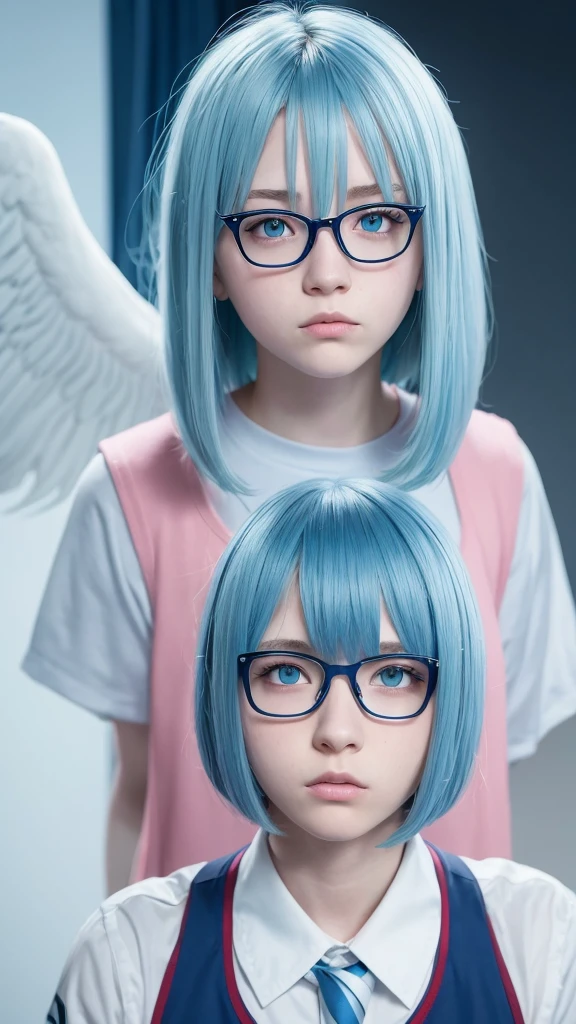 my hero academia screenshots, 16 year old teenage girl with very light blue hair, blue eyes, very pale skin, glasses, in the UA uniform, with red eagle wings on his back, serious expression looking to the side, shoulder length hair in bob cut, with volume