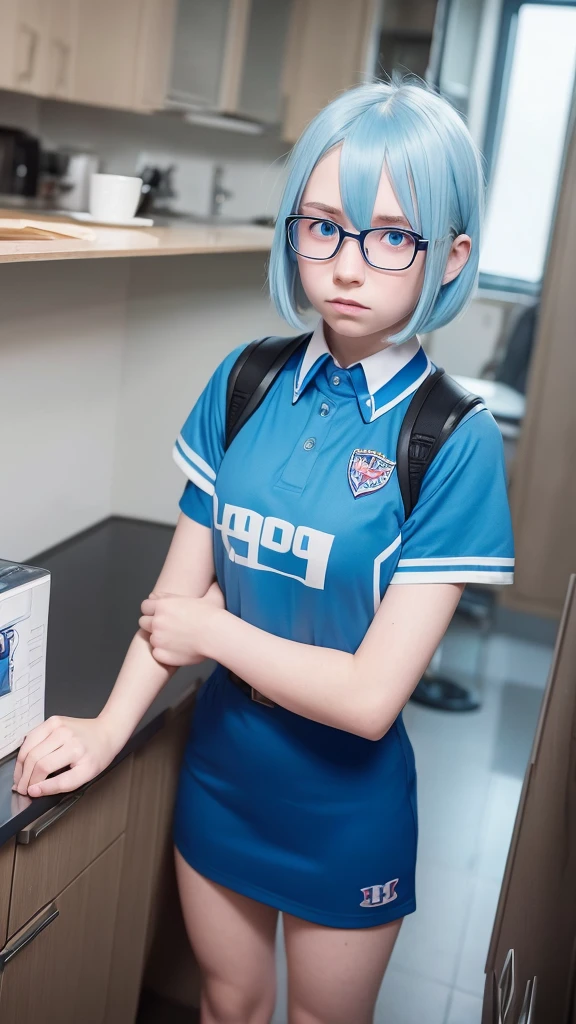 my hero academia screenshots, 16 year old teenage girl with very light blue hair, blue eyes, very pale skin, glasses, in the UA uniform, with red eagle wings on his back, serious expression looking to the side, shoulder length hair in bob cut, with volume