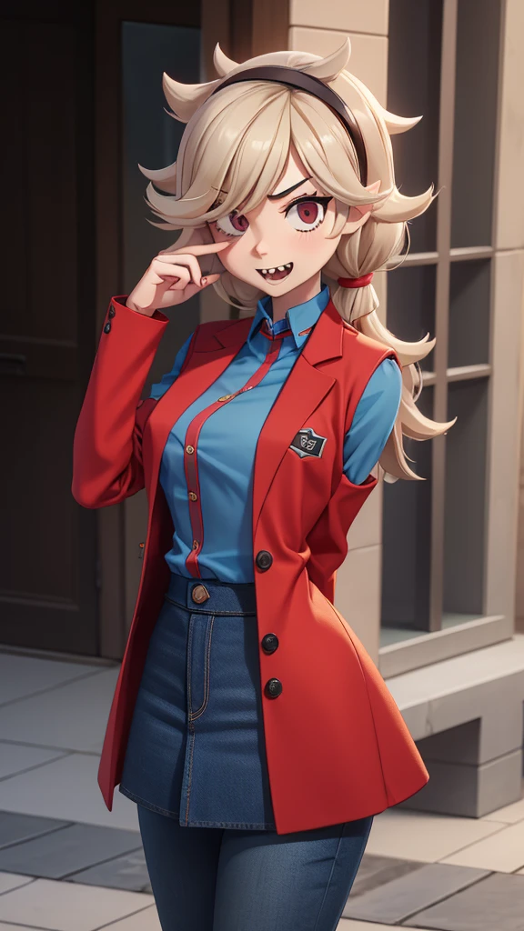 colettedef, sharp teeth, hair over one eye, hairband, blue shirt, long sleeves, red vest, pants,striped shirt, long sleeves, skirt, denim skirt, dsfutaba