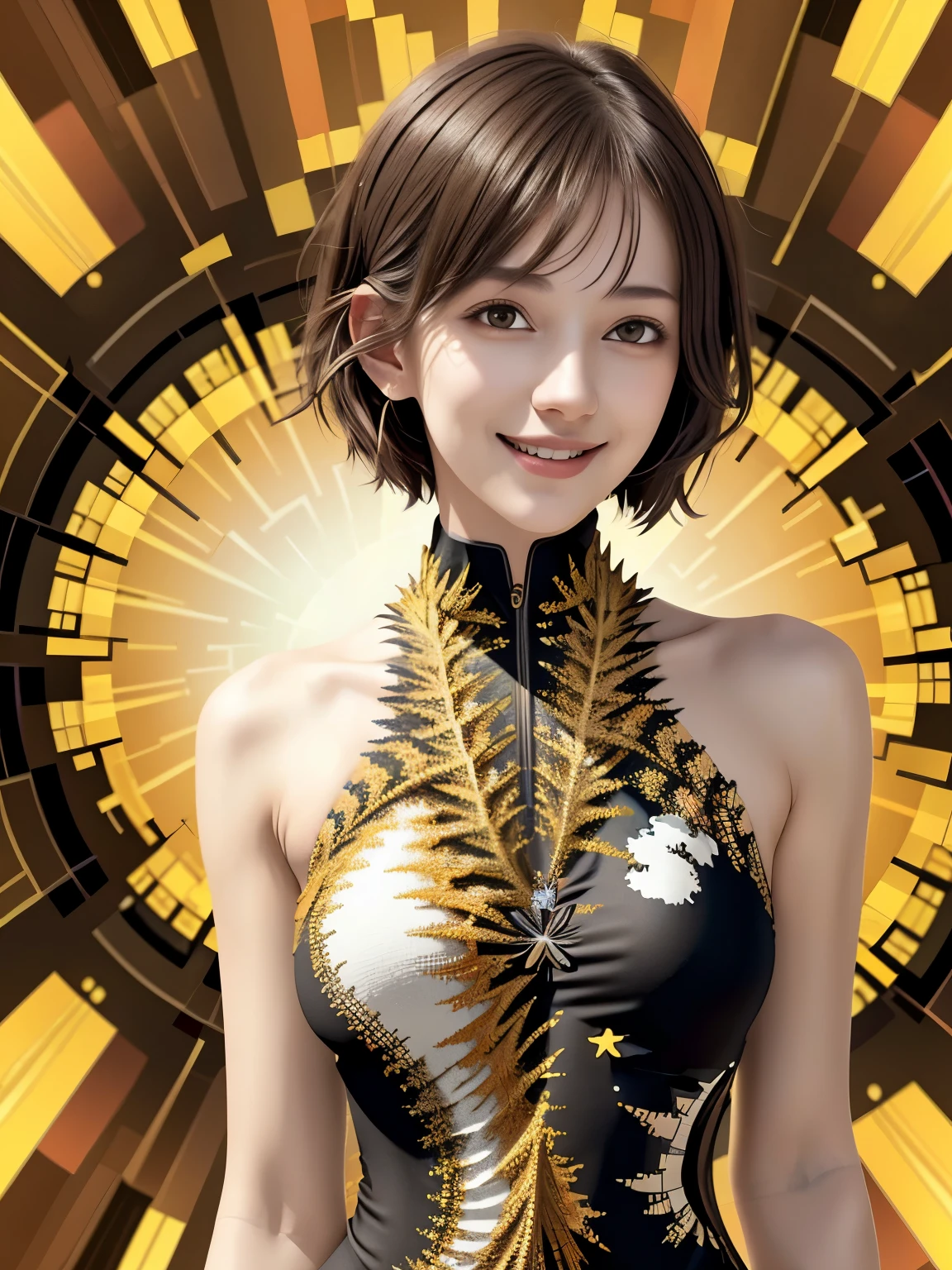 256 19-year-old female, (short hair),(Abstract background,Fractal Art:1.46), smile