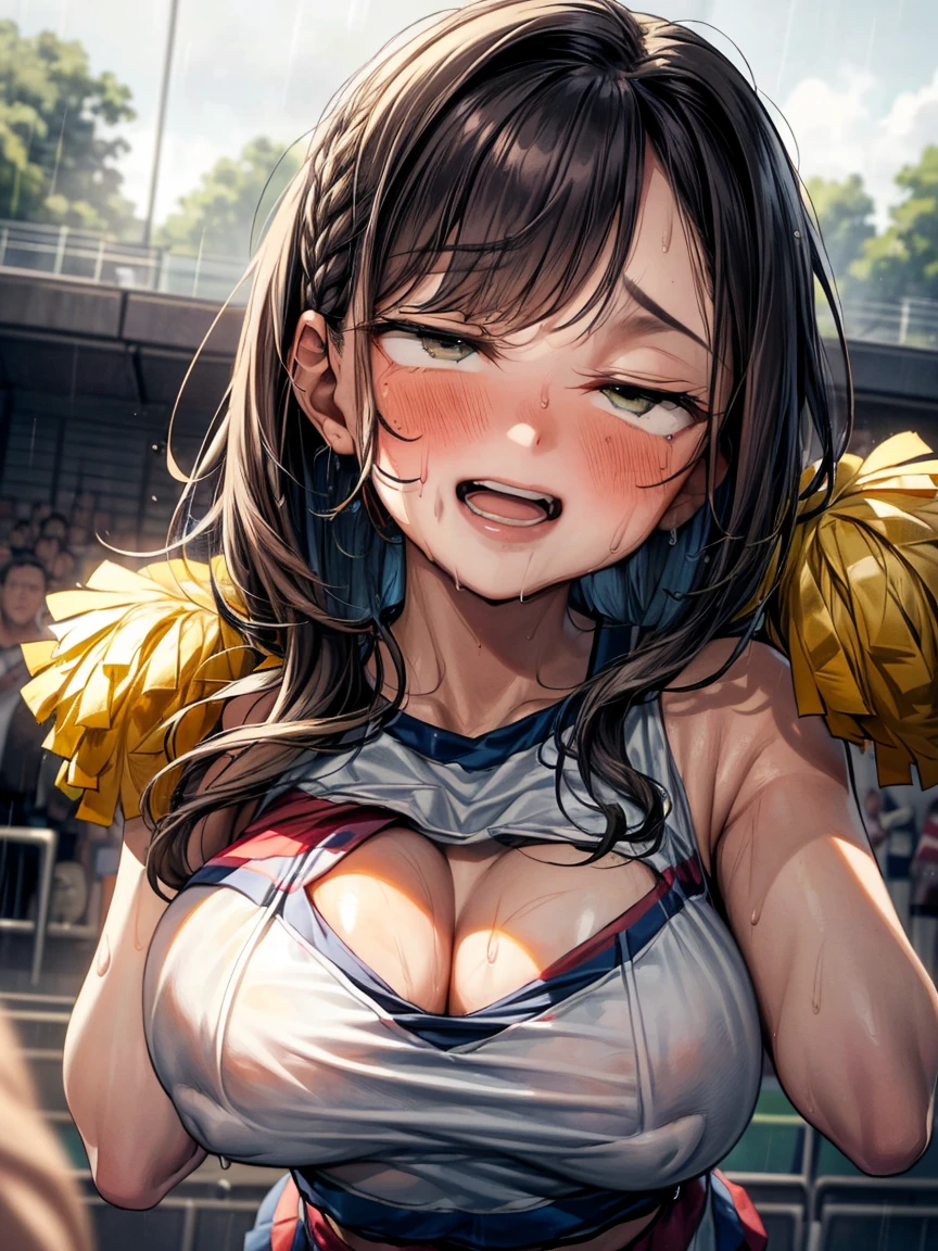 (Very tiny girl rides guy perfectly:1.5)、(Petite girl riding:1.3)、(Big Breasts:2)、(eyes half closed:1.9)、(Grin)、(The body shakes violently)、8K resolution、 ((Highest quality))、Anatomically correct、(Cheerleader:1.9)、((Hasselblad Photos))、[:(Detailed face:1.2):0.2]、(heavy rain:1.5)、(Sweaty:1.6)、(View from below:1.9)、(braid one's hair:1.5)、(Loss of strength from the body:1.3)、(呻吟)、(Jump:1.6)、(Surrounded by a lot of middle-aged men:1.6)、(Upper Body:1.9)、(Leaning forward:1.6)、(rape:1.3)、(sexy:1.3)