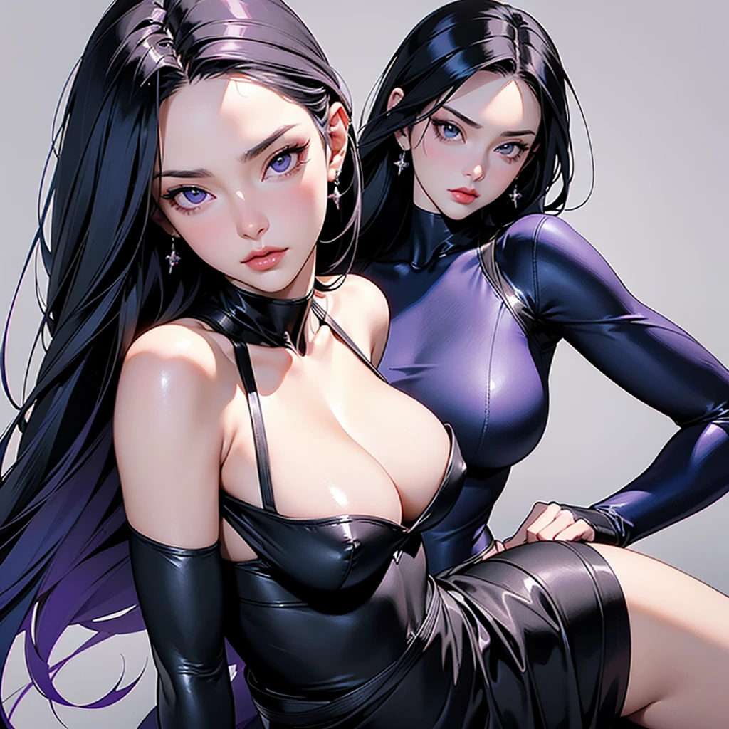 (masterpiece, intricate details, ultra high resolution) Psylocke from Marvel, depicted in an exquisitely detailed and sensual image. She is wearing a sleek black bodysuit paired with black leggings, perfectly hugging her athletic and toned figure. A purple fabric sash is elegantly tied around her waist, adding a striking contrast to her dark attire. Her pose is both powerful and alluring, exuding confidence and grace. The background is subtle and understated, keeping the focus entirely on Psylocke. Her striking features, including her piercing eyes and flowing hair, are highlighted with meticulous detail. The overall composition emphasizes high quality and sophistication, capturing the essence of Psylocke in a visually captivating manner.