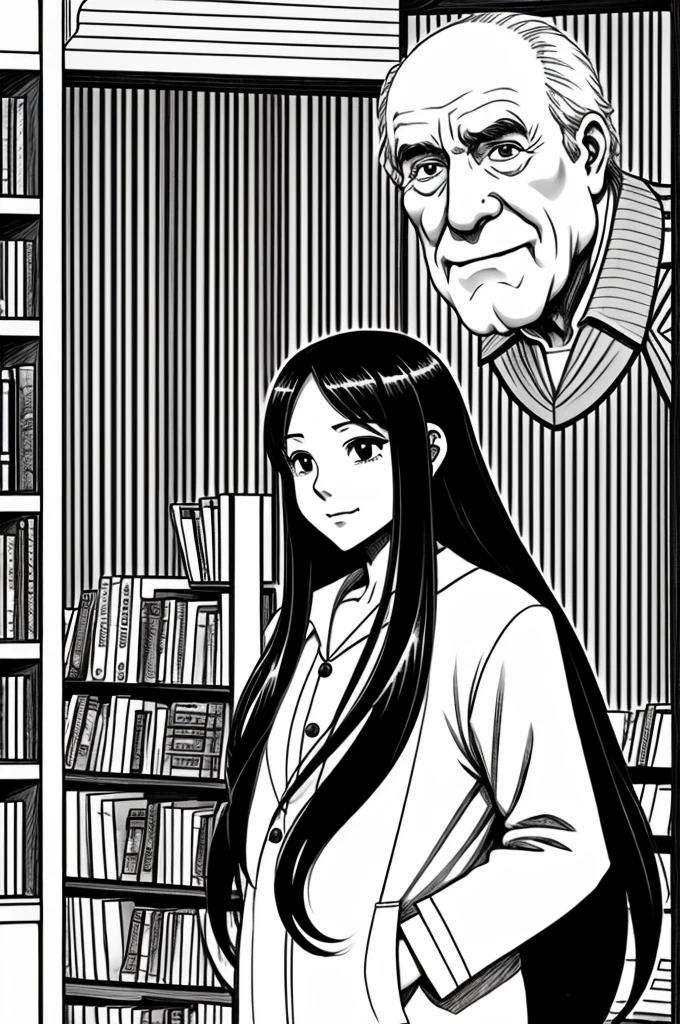 an anime girl,who has long black hair,each oval,greeting a hunchbacked old man,
background of a bookstore,black and white manga type drawing.