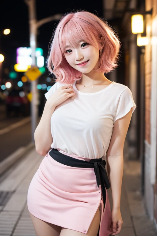 (upskirt :1.3),(Pink Hair :1.3),Studio Light, Depth of written boundary, thin, cute顔, smile, Beautiful details in the eyes, 19 year old Japanese, cute, voluminous curled hair, Plaza, casual