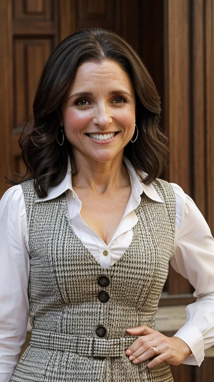 Julia Louis-Dreyfus dressed in traditional German clothing and smiling