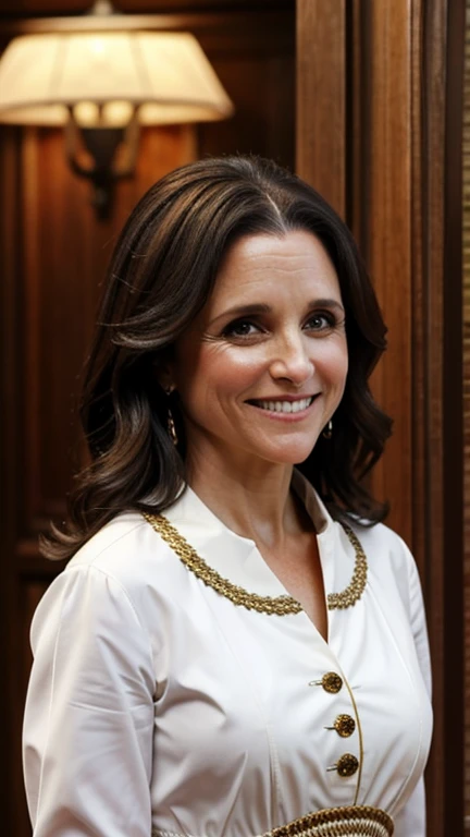 Julia Louis-Dreyfus dressed in traditional German clothing and smiling