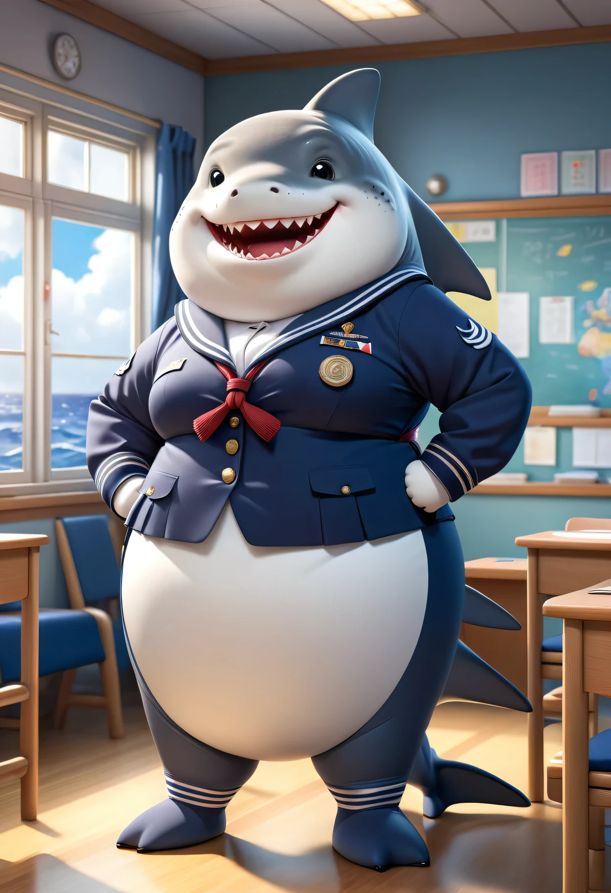 photorealistic portrait of Dressed animals-a ((fat))cute (shark) student,(furry), (elegant pose:1.5), (hands on hips:1.5),(smile:1.5),high quality,(),(lovely) ,intricate details, Wearing Japanese sailor uniform , (), highly detailed ((female sailor uniform)) ,highly detailed clothes, high sox , (happy), soft lighting,(full body image:2.0),in classroom background,clouds,score_9, score_8_up, score_7_up, score_6_up, score_5_up, score_4_up,
