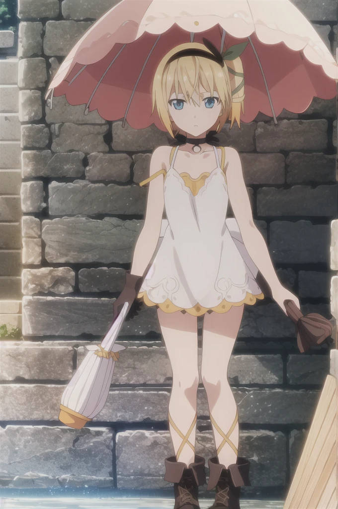 ((masterpiece)),((Highest quality)),Very detailed,Raising awareness,Explicit,beautiful body,beautiful Nose,beautiful character design,Perfect Eyes,Perfect Face,wallpaper,Ultra-high resolution,4K,photograph,(beautiful,Small breasts:1.2),(beautiful顔:1.2),beautiful足,Perfect Legs,Shiny skin,Official Style,Browsing Caution,Official Art,Create a screen capture,Anime Coloring,
One Girl,alone,umbrella,blonde,short hair,choker,Side Ponytail,ribbon,blue eyes,black choker,gloves,leg ribbon,片手gloves,hair band,whole body,hair ribbon,dress,View your viewers,tress ribbon,boots,Are standing,white dress,skirt,clavicle,Beach,Outdoor,Day,