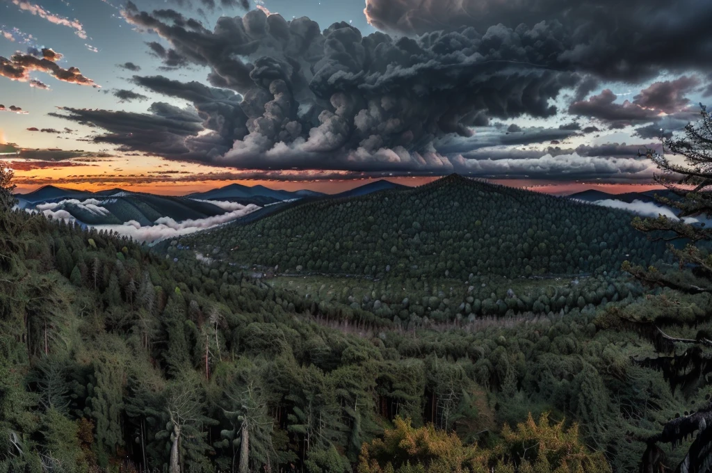 (((Masterpiece))), (high quality), (In the mountains at dusk,The camera is in the forest:1.5),There are lots of big trees around,(It is surrounded by dozens of trees.,ass pov:1.5),(Black clouds cover the sky:1.5),The Storm is Coming,There are large trees all around, and I&#39;m looking up at them.,Realistic