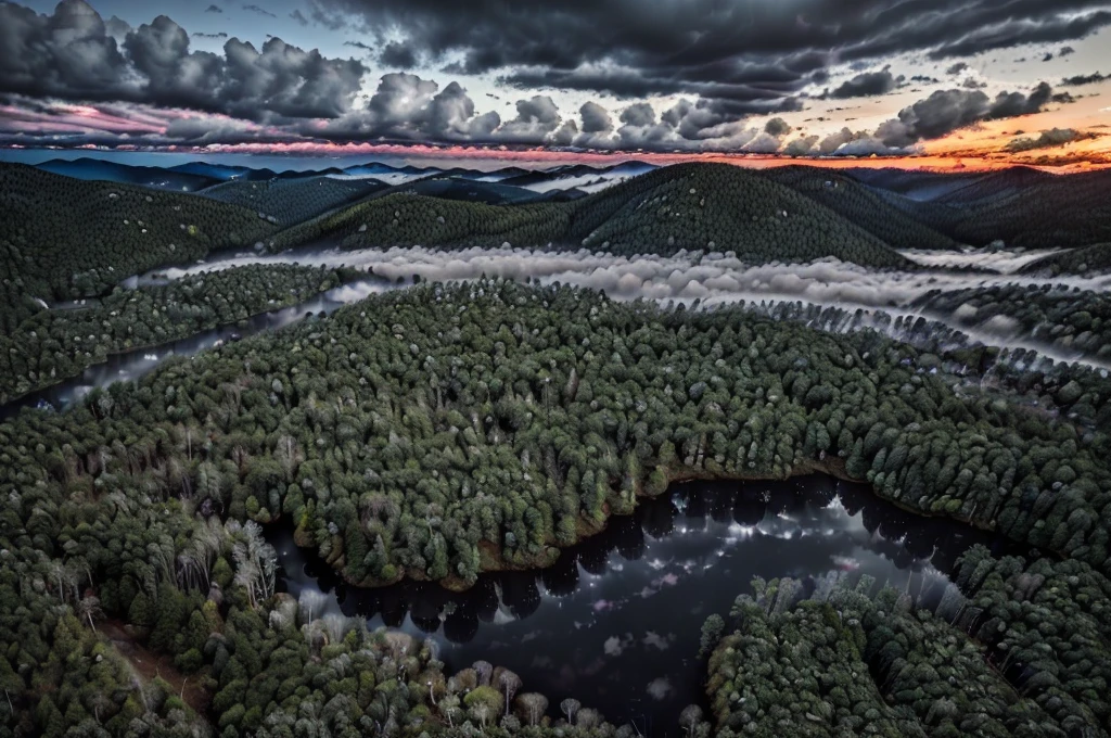 (((Masterpiece))), (high quality), (In the mountains at dusk,The camera is in the forest:1.5),There are lots of big trees around,(It is surrounded by dozens of trees.,ass pov:1.5),(Black clouds cover the sky:1.5),The Storm is Coming,There are large trees all around, and I'm looking up at them.,Realistic