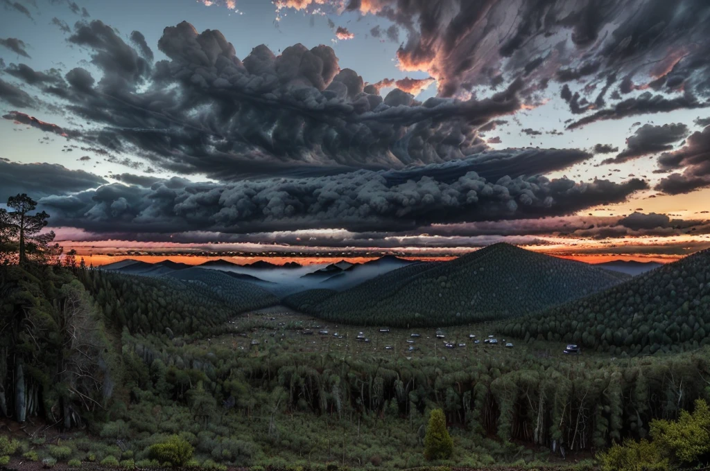 (((Masterpiece))), (high quality), (In the mountains at dusk,The camera is in the forest:1.5),There are lots of big trees around,(It is surrounded by dozens of trees.,ass pov:1.5),(Black clouds cover the sky:1.5),The Storm is Coming,There are large trees all around, and I'm looking up at them.,Realistic