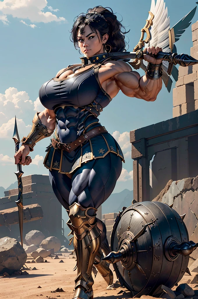 (Best lighting) , (Very intricate details) , 4K Integration, (Super fine CG: 1.2) , (8K: 1.2),(original), (masterpiece) , (Highest quality),(masterpiece:1.4),((Full  images))、Photo quality,(masterpiece),masterpiece, Highest quality, Absurd,((Masterpiece, 4K, 8K, High resolution)),(masterpiece), (Highest quality), (Super detailed), (Very delicate and beautiful), ((Full body image 1:1.5)), 1 female,　((solo woman image)), The face of a 40-year-old Western woman、A beautiful, well-balanced face、 ((A woman with a muscular body like a male bodybuilder)),((Huge muscular physique))、((A giant woman, 18 metres tall))、Giants Women、((Beautiful woman)),((Woman warrior)),45 year old mature woman, Wearing Valkyrie Metal Armor、((Metal armor that resembles a thick chest and abdominal muscles))、((Metal armor covering the upper body))、mini skirt、Valkyrie's Helmet、Very strong legs、((Long boots with pin heels))、((kneehigh boots))、Wields a large spear as long as his height、A spear weighing 150 kg、Medieval streetscape,Strength and elegance,Solemn atmosphere,((The Queen's Appearance))、((The Strongest Queen of Mankind))、(Huge muscular physique),((Protruding veins))、((A woman with a toned chest like a male bodybuilder))、Raised trapezius muscle、very thick neck、((Strong arms with bulging biceps))、A muscular chest、Six-pack、((Thick thighs with bulging muscles))、Exposed thighs、((Bicep-like calf muscles))、Overflowing with incredible strength、Muscles bulging out from under the force of force all over the body、Black Hair、ponytail、A commanding presence,Poses that show off their monstrous power,Model standing、Standing with dignity、Vibrant colors,Down to the smallest thread,Impressive level textures,Sharp focus,((A strong Valkyrie captain)),((A powerful Valkyrie captain)), 