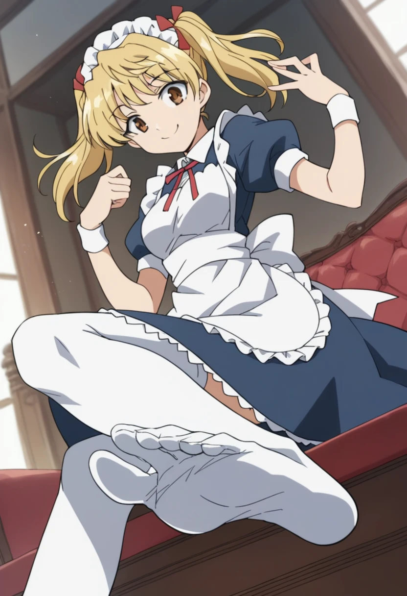  sawachika eri, twintail,sawachika eri, twintails, long hair, blonde hair, brown eyes, hair ribbon,smile, hair ribbon,, bob cut, smile, maid, blue dress, maid apron, maid headdress, red neck ribbon, puffy short sleeves, white wristband, white thighhighs, dutch angle, score_9, score_8_up, score_7_up, score_6_up, anime coloring,Seated pose, focus on soles of feet