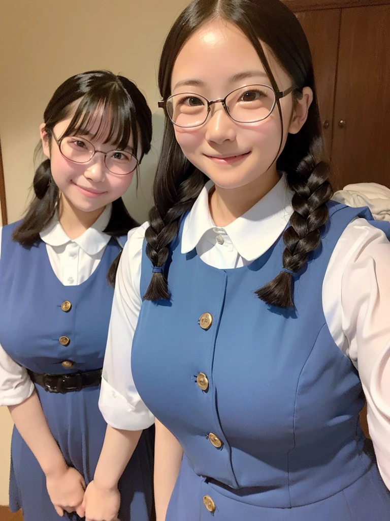 Highest quality、masterpiece、、Very detailed、Realistic、(Two Girls)、(Looking at me with a smile:1.5)、whole body、Small face、(Chubby:1.2)、(Big Breasts)、Glasses、One-piece dress with buttons and collar、Braid、Erect nipples