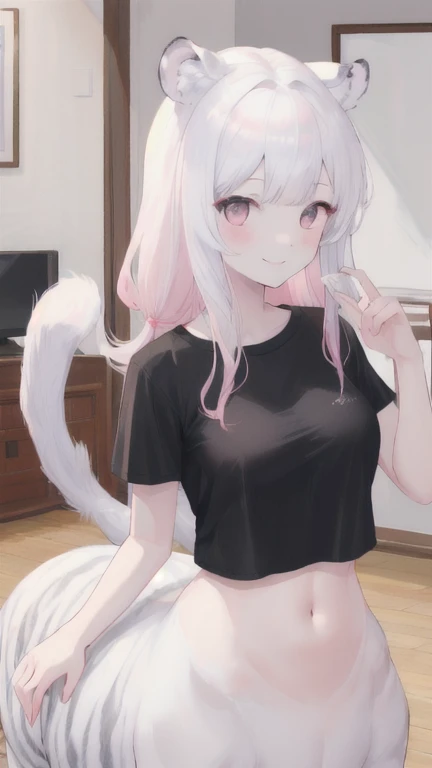 (best quality, masterpiece), 1 girl, centaur, It takes, White skin, Korean ,daughter, black pink,Smiling, exposing the abdomen, belly button t-shirt , 아름다운 소녀 perfect white tiger photo, perfect white tiger photo