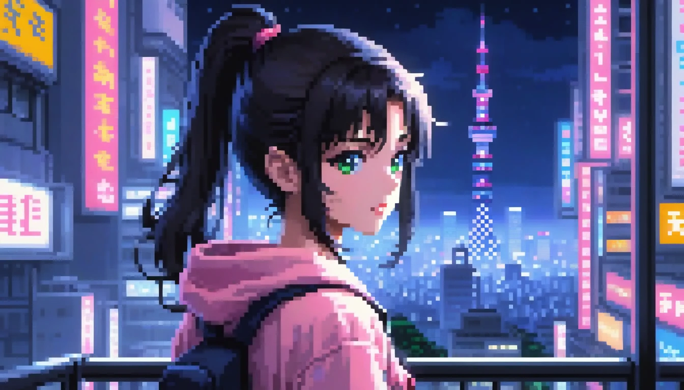 ((best quality)), ((masterpiece)), (detailed), 1girl, sexyhighest quality, masterpiece, Very detailed, Detailed Background, anime, One girl, Young girl, Sexy Girls, Black hair ponytail girl,　 Atmospheric lighting, Focus Only, close　 Depth of written boundary, Bokeh　1990年代anime　１９８０年代anime　１９８０Period Fashion　 　City Pop 　　Big glasses　 Beautiful eyes　B90,W60，H90 White Skin　Pink lighting　Light pink clothes pixel, 16-bit Style, Pixel art, Nintendo game scene, Cool colors, green,Tokyo at night in the background, Skyscraper, Skyline, Modern, Colorful lights, Tokyo Night, dark, A girl in the foreground, whole body,greenい瞳　I&#39;m wearing headphones　Cleavage　No text needed　Night view is a photo　Place the person on the far right　