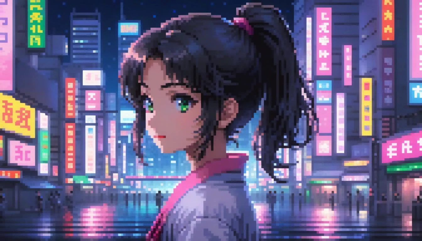 ((best quality)), ((masterpiece)), (detailed), 1girl, sexyhighest quality, masterpiece, Very detailed, Detailed Background, anime, One girl, Young girl, Sexy Girls, Black hair ponytail girl,　 Atmospheric lighting, Focus Only, close　 Depth of written boundary, Bokeh　1990年代anime　１９８０年代anime　１９８０Period Fashion　 　City Pop 　　Big glasses　 Beautiful eyes　B90,W60，H90 White Skin　Pink lighting　Light pink clothes pixel, 16-bit Style, Pixel art, Nintendo game scene, Cool colors, green,Tokyo at night in the background, Skyscraper, Skyline, Modern, Colorful lights, Tokyo Night, dark, A girl in the foreground, whole body,greenい瞳　I&#39;m wearing headphones　Cleavage　No text needed　Night view is a photo　Place the person on the far right　