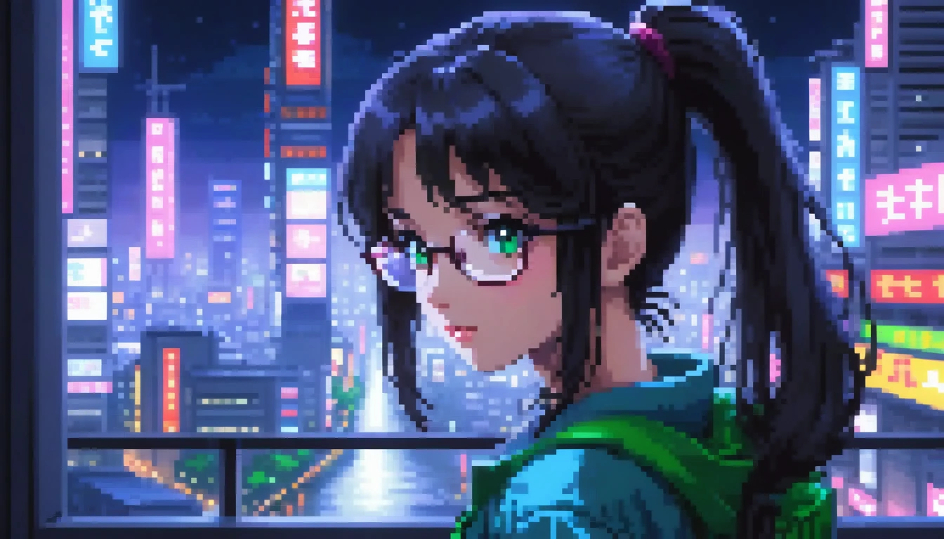 ((best quality)), ((masterpiece)), (detailed), 1girl, sexyhighest quality, masterpiece, Very detailed, Detailed Background, anime, One girl, Young girl, Sexy Girls, Black hair ponytail girl,　 Atmospheric lighting, Focus Only, close　 Depth of written boundary, Bokeh　1990年代anime　１９８０年代anime　１９８０Period Fashion　 　City Pop 　　Big glasses　 Beautiful eyes　B90,W60，H90 White Skin　Pink lighting　Light pink clothes pixel, 16-bit Style, Pixel art, Nintendo game scene, Cool colors, green,Tokyo at night in the background, Skyscraper, Skyline, Modern, Colorful lights, Tokyo Night, dark, A girl in the foreground, whole body,greenい瞳　I&#39;m wearing headphones　Cleavage　No text needed　Night view is a photo　Place the person on the far right　