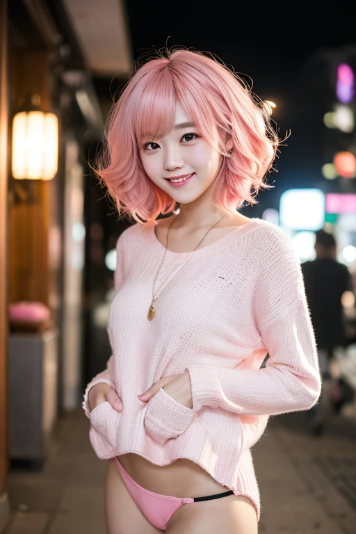 (bottomless :1.3),(Pink Hair :1.3),Studio Light, Depth of written boundary, thin, cute顔, smile, Beautiful details in the eyes, 19 year old Japanese, cute, voluminous curled hair, Plaza, casual
