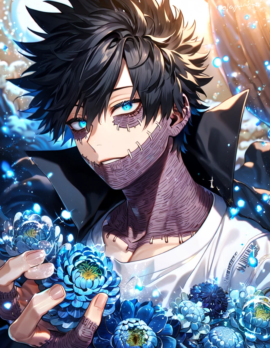 absurdres, highres, ultra detailed, HDR, master piece, best quality, extremely detailed, Dabi, black hair, expressive turquoise eyes, Boku No Hero Academia, solo, sexy man, handsome, black coat, white T-shirt, fantasy, water, sparkling, blue glittering fireflies, blue moon, blue blossoms, blue chrysanthemums, blue sparkling lights, starry sky