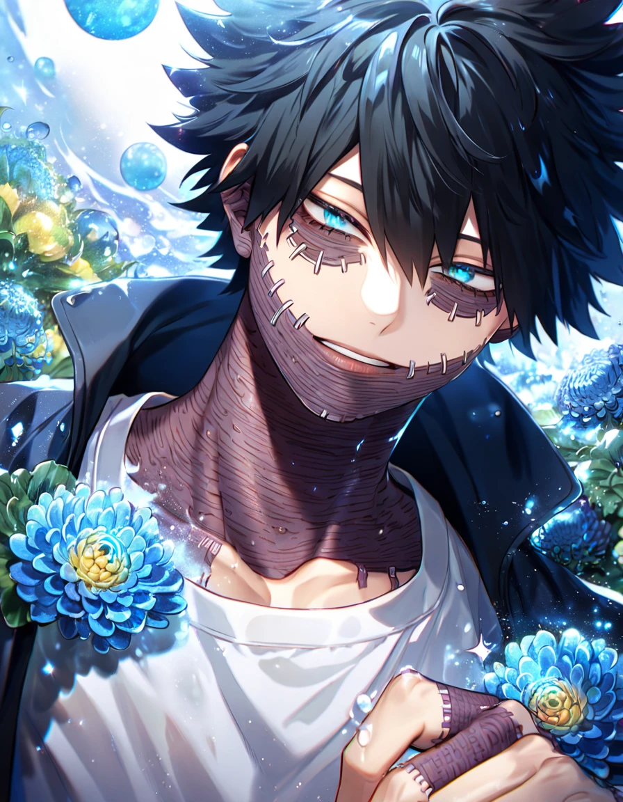 absurdres, highres, ultra detailed, HDR, master piece, best quality, extremely detailed, Dabi, black hair, expressive turquoise eyes, Boku No Hero Academia, solo, sexy man, handsome, black coat, white T-shirt, fantasy, water, sparkling, blue glittering fireflies, blue moon, blue blossoms, blue chrysanthemums, blue sparkling lights, starry sky