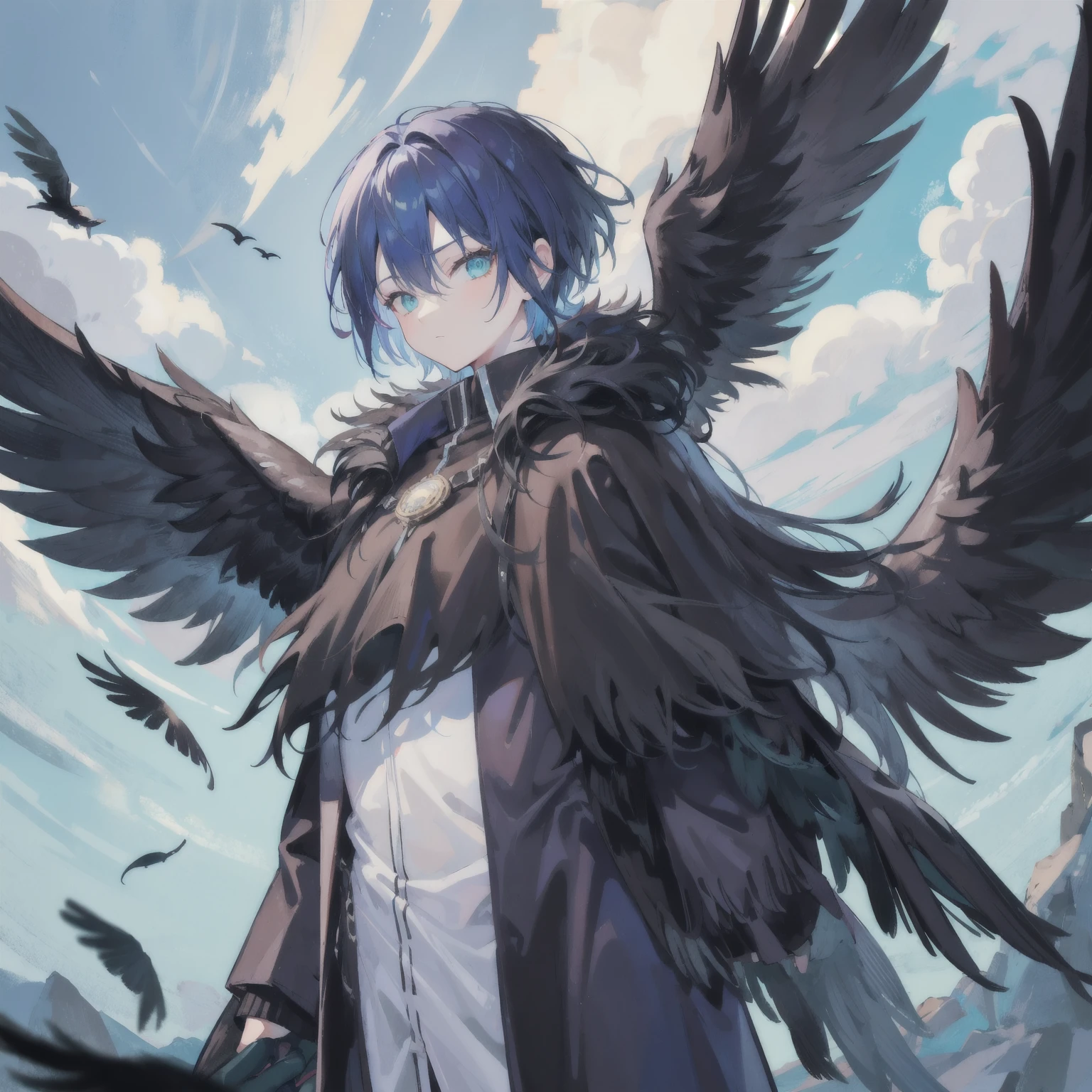 1boy,angel,angel wings,bird wings,black feathers,black wings,blue hair,blue sky,blue wings,brown wings,cloud,cloudy sky,coat,crow,day,eagle,feathered wings,feathers,fur,fur-trimmed coat,fur-trimmed jacket,fur cape,fur coat,fur collar,fur trim,green eyes,harpy,jacket,large wings,looking at viewer,male focus,right hair close right eye,outdoor,waterfall background,day,short hair,single wing,solo,spread wings,talons,upper body,white wings,winged arms,wings,