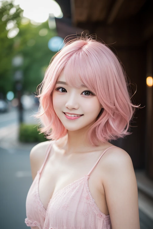 (Seductively Posing :1.3),(Pink Hair :1.3),Studio Light, Depth of written boundary, thin, cute顔, smile, Beautiful details in the eyes, 19 year old Japanese, cute, voluminous curled hair, Plaza, casual
