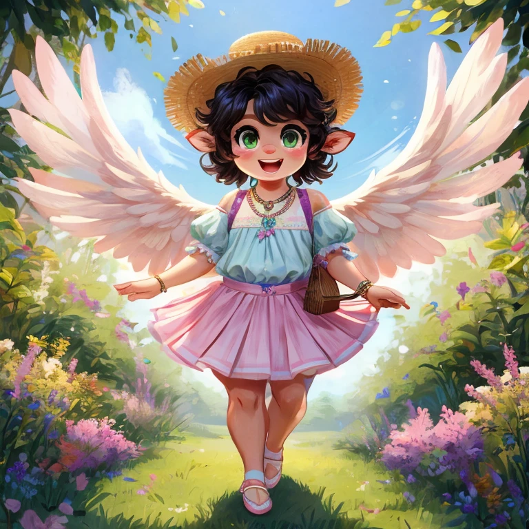 Cute, deer boy, small deer antlers, innocent, chubby, fat, big thighs, androgynous, femboy, short curly hair, black hair, fawn spots, freakles, ((cute)), smiling, wearing cottage core outfit, pastel color scheme, young, cartoony, adorable, deer tail, moss green eyes, angel wings, dynamic pose, excited pose, energetic pose, happy pose, spring, spring clothes, spring colors, flowers blooming, wearing a lightweight, pastel-colored blouse with delicate floral prints. It has puff sleeves and a slightly ruffled neckline with a knee-length, flowy skirt in a complementary pastel color. It has a gentle flare and soft pleats and ballet flats in a neutral or pastel shade with a small bow or floral embellishment along with a wide-brimmed straw hat with a ribbon that matches the blouse or skirt and simple dainty gold jewelry like a thin chain necklace and small hoop earrings and a small woven basket bag or a crossbody bag in a light neutral color, walking through a lavander field,
