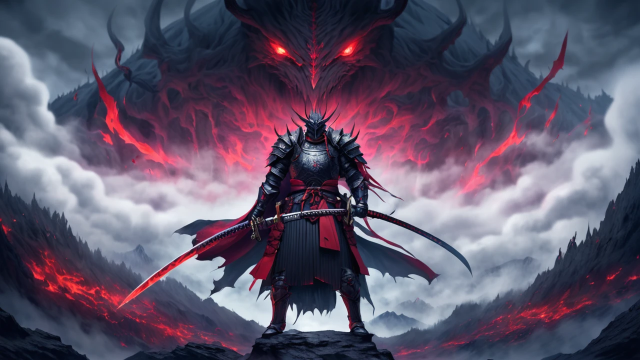 A striking dark fantasy illustration of a skilled swordsman clad in intricate Japanese plate armor, standing atop a mountain. He wields a magnificent katana with a sinister aura, its blade dripping with dark energy. The armor features a blend of traditional and modern designs, with an ominous, almost demonic presence. The mountain is shrouded in fog, casting an eerie atmosphere, while the sky above is filled with ominous clouds., dark fantasy