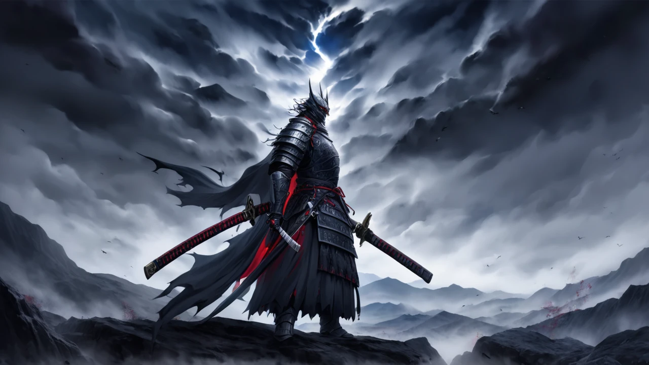 A striking dark fantasy illustration of a skilled swordsman clad in intricate Japanese plate armor, standing atop a mountain. He wields a magnificent katana with a sinister aura, its blade dripping with dark energy. The armor features a blend of traditional and modern designs, with an ominous, almost demonic presence. The mountain is shrouded in fog, casting an eerie atmosphere, while the sky above is filled with ominous clouds., dark fantasy