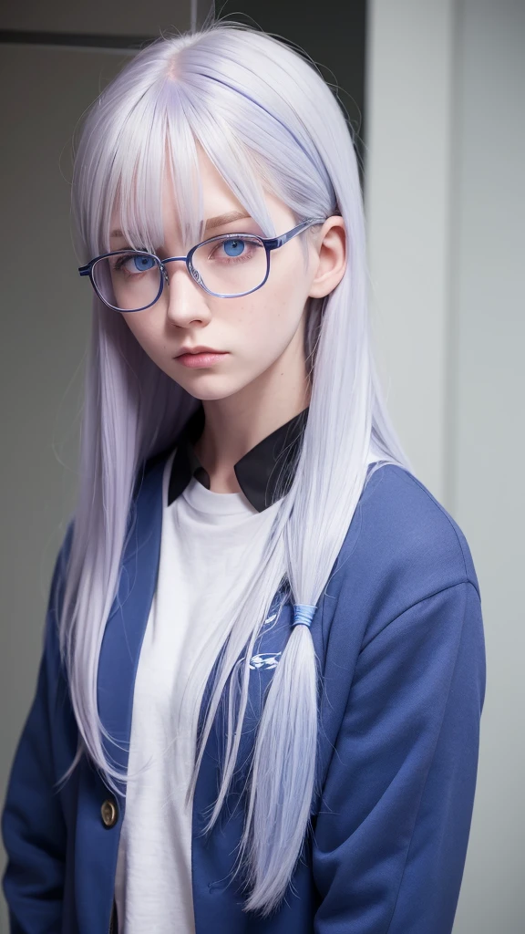 girl with hair half light blue and half lilac, blue eyes, very pale skin, glasses, in the UA uniform, with red eagle wings on his back, serious expression looking to the side, shoulder length hair in bob cut, with volume