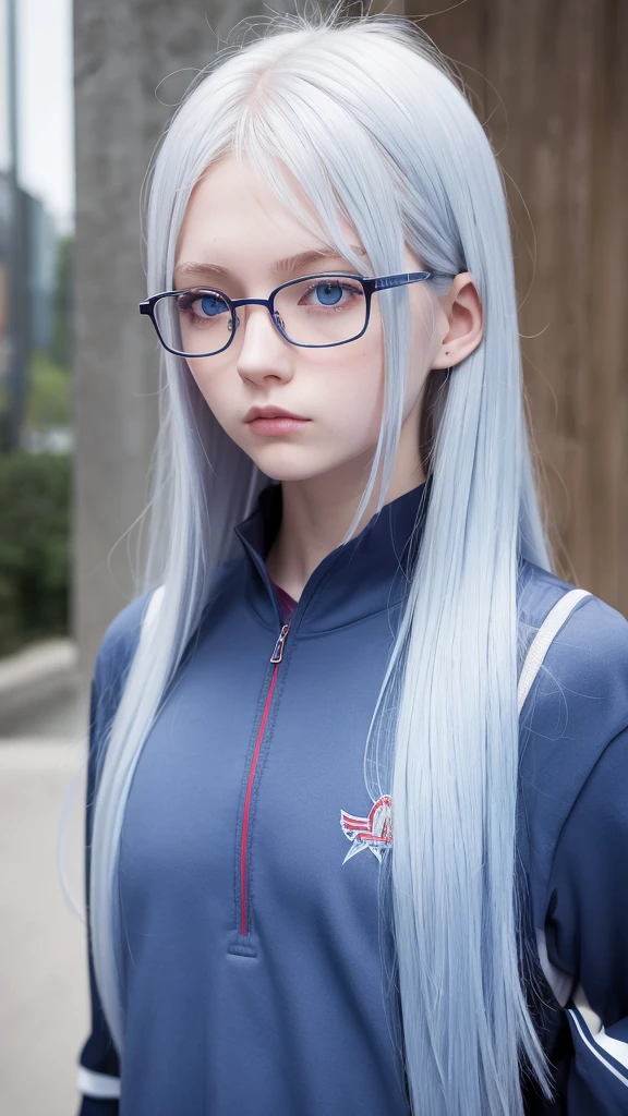 girl with hair half light blue and half lilac, blue eyes, very pale skin, glasses, in the UA uniform, with red eagle wings on his back, serious expression looking to the side, shoulder length hair in bob cut, with volume