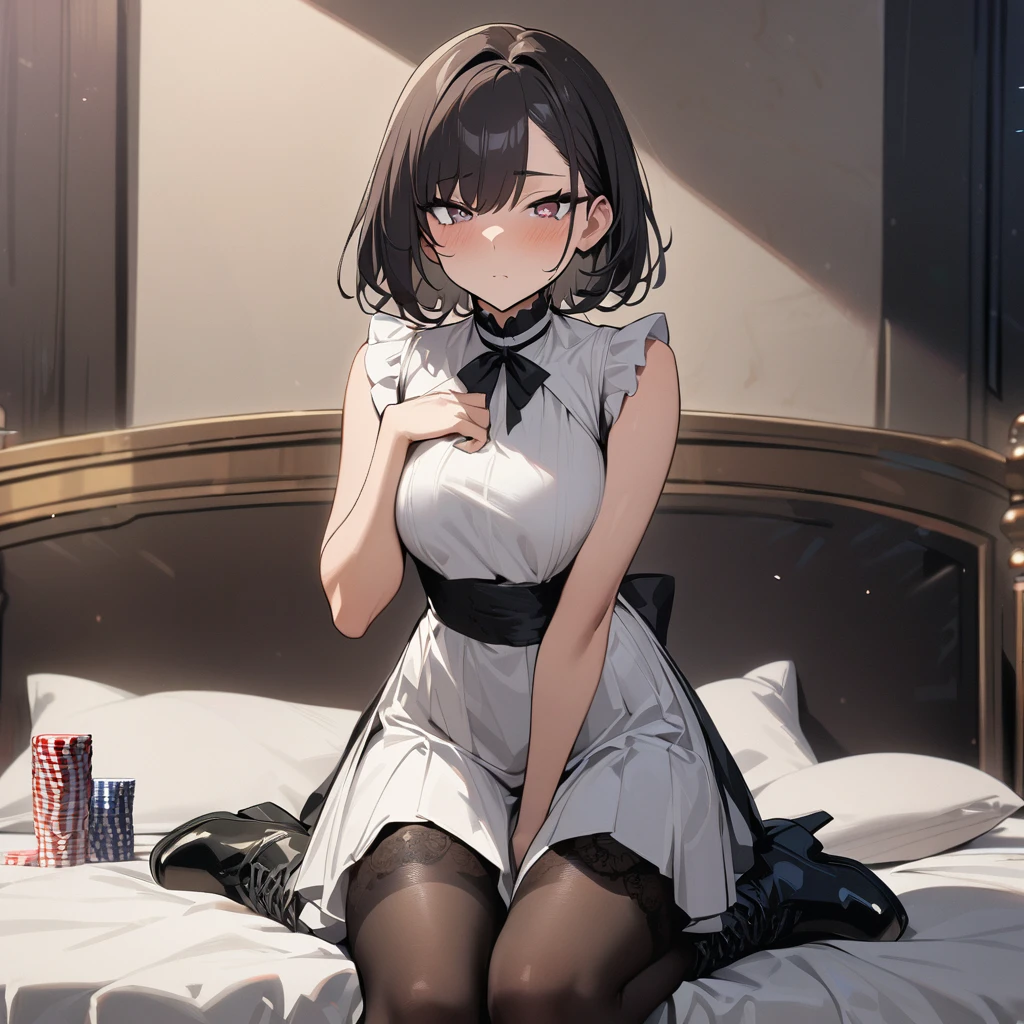 1boy, dark hair, short hair, pantyhose, dress, smile, boots, looking at viewer, sitting, bed, masterpiece, best quality, highres, nice hands, perfect hands, shota, flat expression,