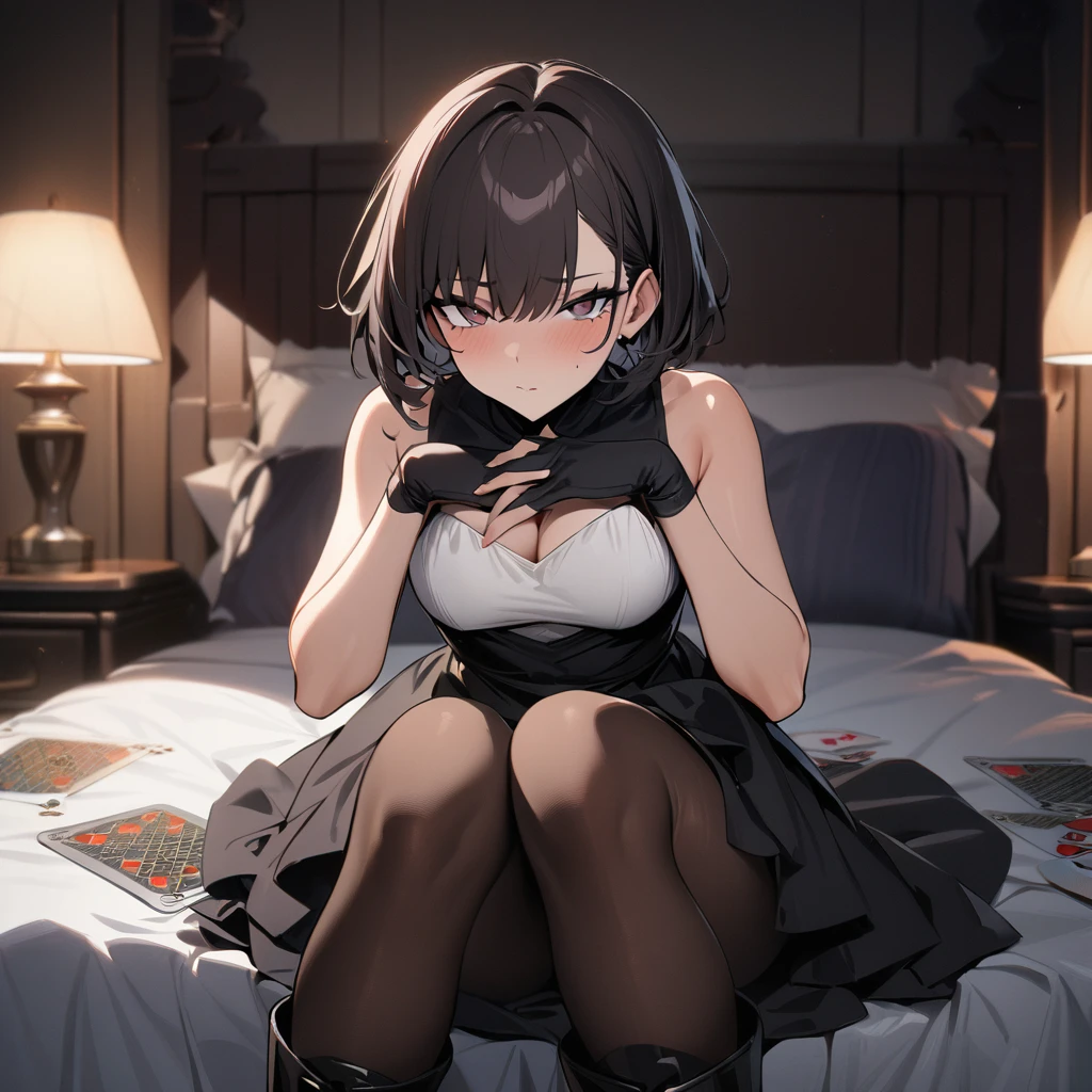 1boy, dark hair, short hair, poker face, pantyhose, dress, boots, looking at viewer, sitting, bed, masterpiece, best quality, highres, nice hands, perfect hands,