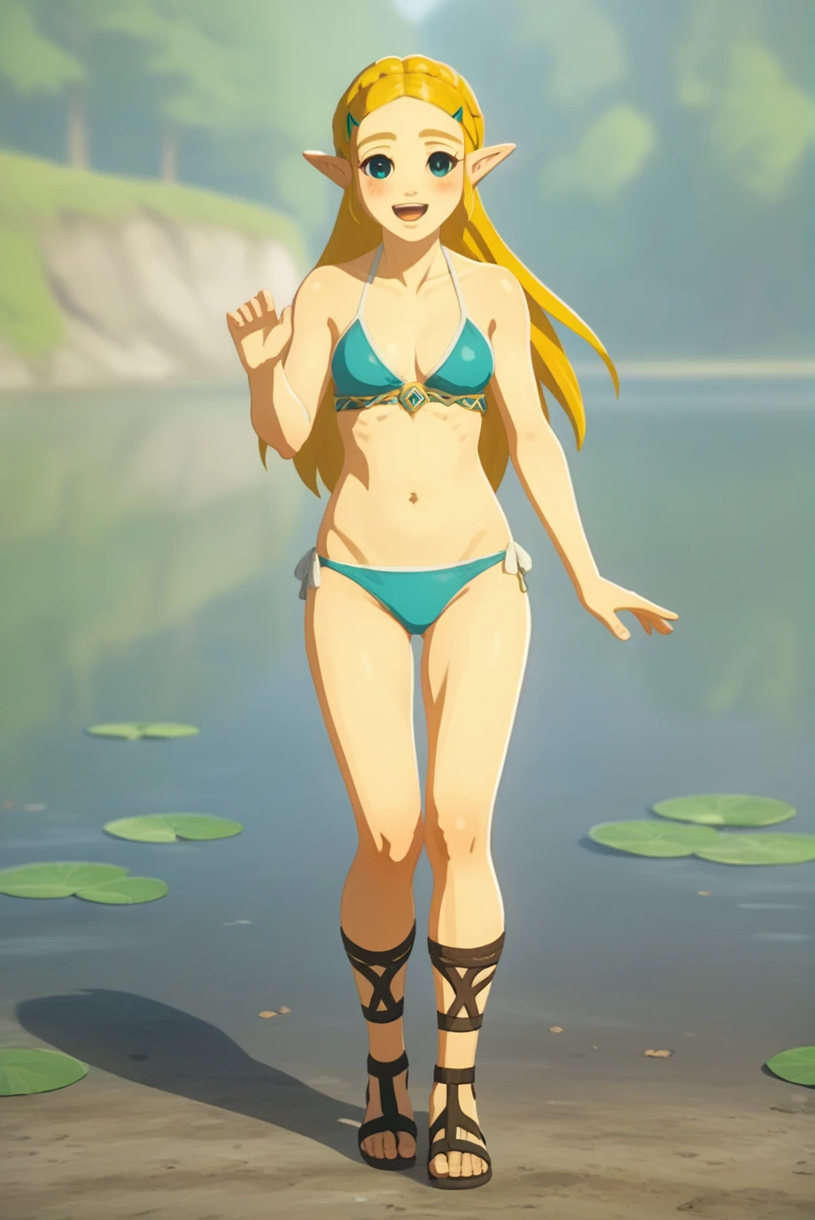 score_9, score_8_up, score_7_up, score_6_up, score_5_up, score_4_up, BREAK source_anime, 1girl, solo, ChopioZelda, blonde hair, aqua eyes, pointy ears, looking at viewer, medium breasts, long hair, pale warm ivory bikini, black sandals, full body, nature, lake, smile, open mouth, happy, blush,