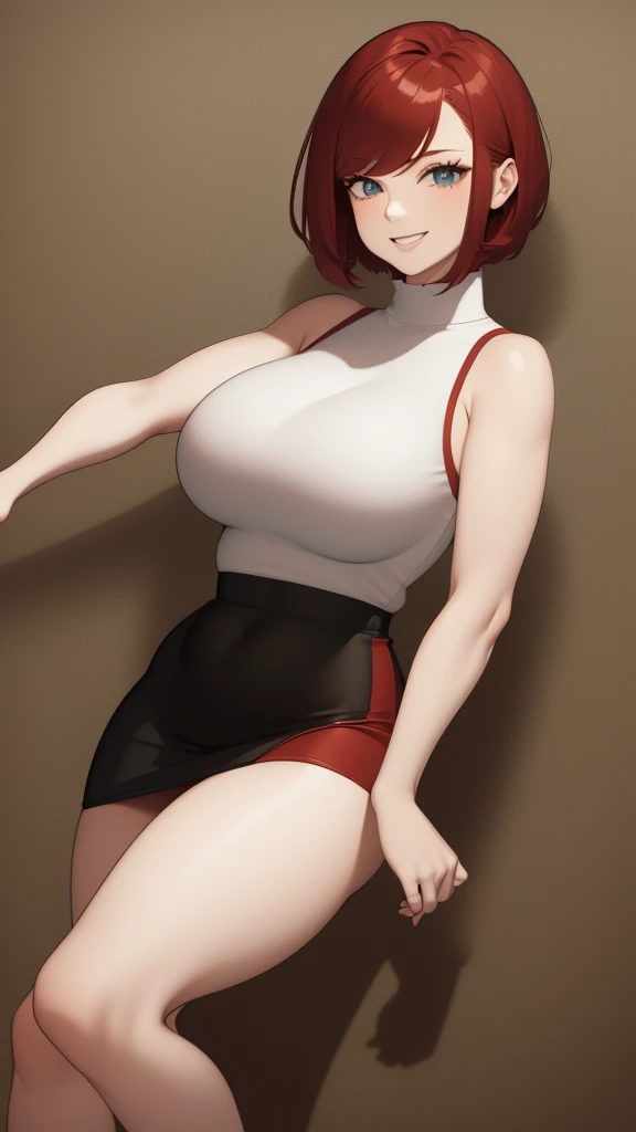 1 girl, red hair, teal eyes, white skin, solo, mature, MILF, short hair, side-swept bangs, curvy, very wide hips, large ass, narrow waist, thick thighs, very huge breasts, beige sleeveless turtleneck, knee length black pencil skirt, happy smile, sultry eyes,