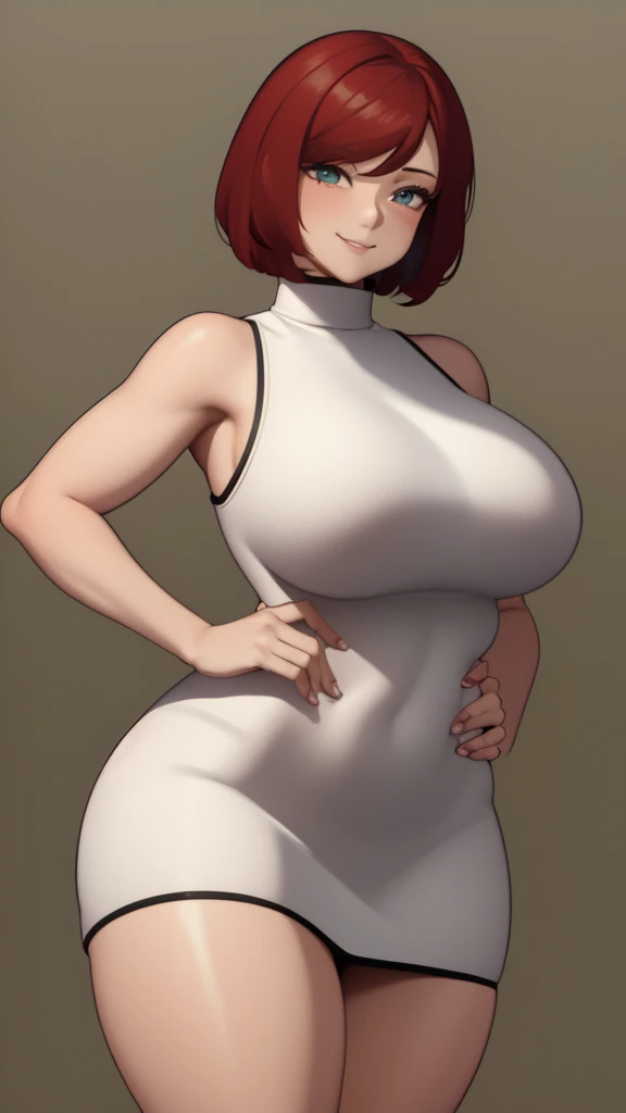 1 girl, red hair, teal eyes, white skin, solo, mature, MILF, short hair, side-swept bangs, curvy, very wide hips, large ass, narrow waist, thick thighs, very huge breasts, beige sleeveless turtleneck, knee length black pencil skirt, happy smile, sultry eyes,