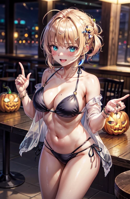 woman,, ((Tavern)), ((restaurant)), ((indoor)), (((Black Bikini, See-through bikini, Thigh focus))),Open mouth smiling, ((There are two stray hairs coming out of my head.)), ((hair ornaments)), ((Baby girl body type)), One girl, Artoria Pendragon,destiny,aphrodisiac,Lie,Things to know, Areol, defenseless,Embarrassing,Be embarrassed,Knead the milk,Milk is important,Len,Breast milk, Knight King,Noble,ring,既婚woman, Pointing straight up, (Highest quality:1.1), (masterpiece:1.4), (Absurd:1.0), Portrait, Close-up, One girl、Momoberia Deviluke、hair ornaments、Beautiful bob cut、Beautiful Short Hair、Emerald blue eyeid-chest、Watching the audience、(blush:1.2)、Embarrassed look、Black background、((Pumpkin lantern)), Striped pattern, ((Has a troubled look)), ((There are Western-style sweets everywhere.)), ((Cute gestures)), 8K, Beautiful illustrations with great detail,