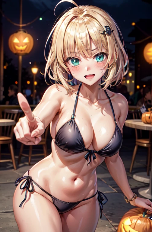 woman,14 years old, ((Tavern)), ((restaurant)), ((indoor)), (((Black Bikini, See-through bikini, Thigh focus))),Open mouth smiling, ((There are two stray hairs coming out of my head.)), ((hair ornaments)), ((Baby girl body type)), One girl, Artoria Pendragon,destiny,aphrodisiac,Lie,Things to know, Areol, defenseless,Embarrassing,Be embarrassed,Knead the milk,Milk is important,Len,Breast milk, Knight King,Noble,ring,既婚woman, Pointing straight up, (Highest quality:1.1), (masterpiece:1.4), (Absurd:1.0), Portrait, Close-up, One girl、Momoberia Deviluke、hair ornaments、Beautiful bob cut、Beautiful Short Hair、Emerald blue eyeid-chest、Watching the audience、(blush:1.2)、Embarrassed look、Black background、((Pumpkin lantern)), Striped pattern, ((Has a troubled look)), ((There are Western-style sweets everywhere.)), ((Cute gestures)), 8K, Beautiful illustrations with great detail,