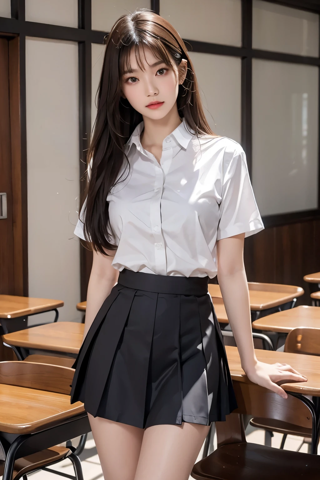 (Ultra HD), (School uniform with short sleeves, White collared shirt, Black Skirt), Full body description, Big Breasts, Cleavage, slender, Clean and shiny skin, Whitening, 超slenderな顔立ち, (long hair, Layered Cut, Fluffy hair,light brown), (Big eyes, Slanted Eyes), Small Nose, Thin lips, Thin legs, classroom