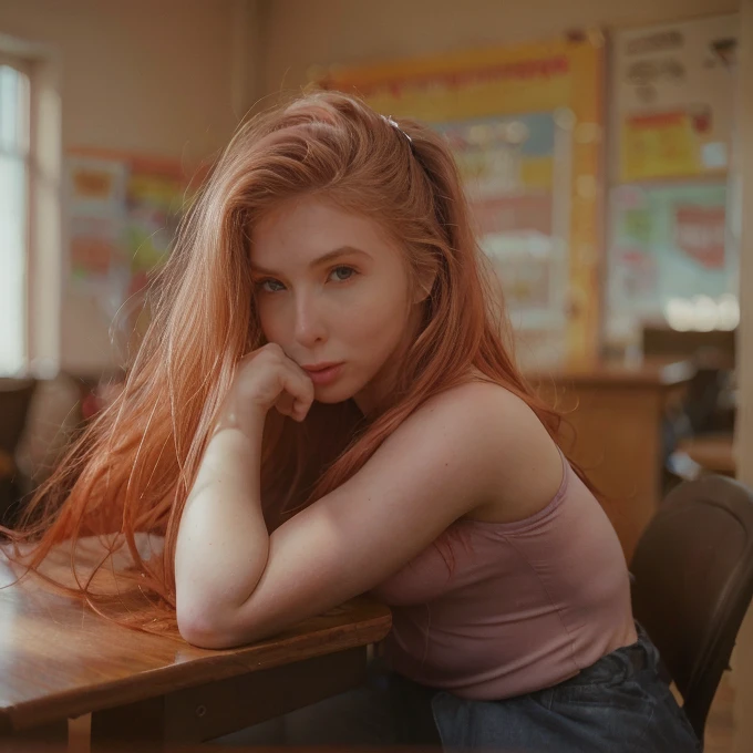 sitting at a table with red hair, Sexy photo of a very young sexy woman ************, with bright red tousled hair, a bit like Scarlett Johansson, juicy figure, big breasts, wonderful big eyes and full lips, at school , In the classroom context,  Attire, She is angry, annoyed, sits at the table