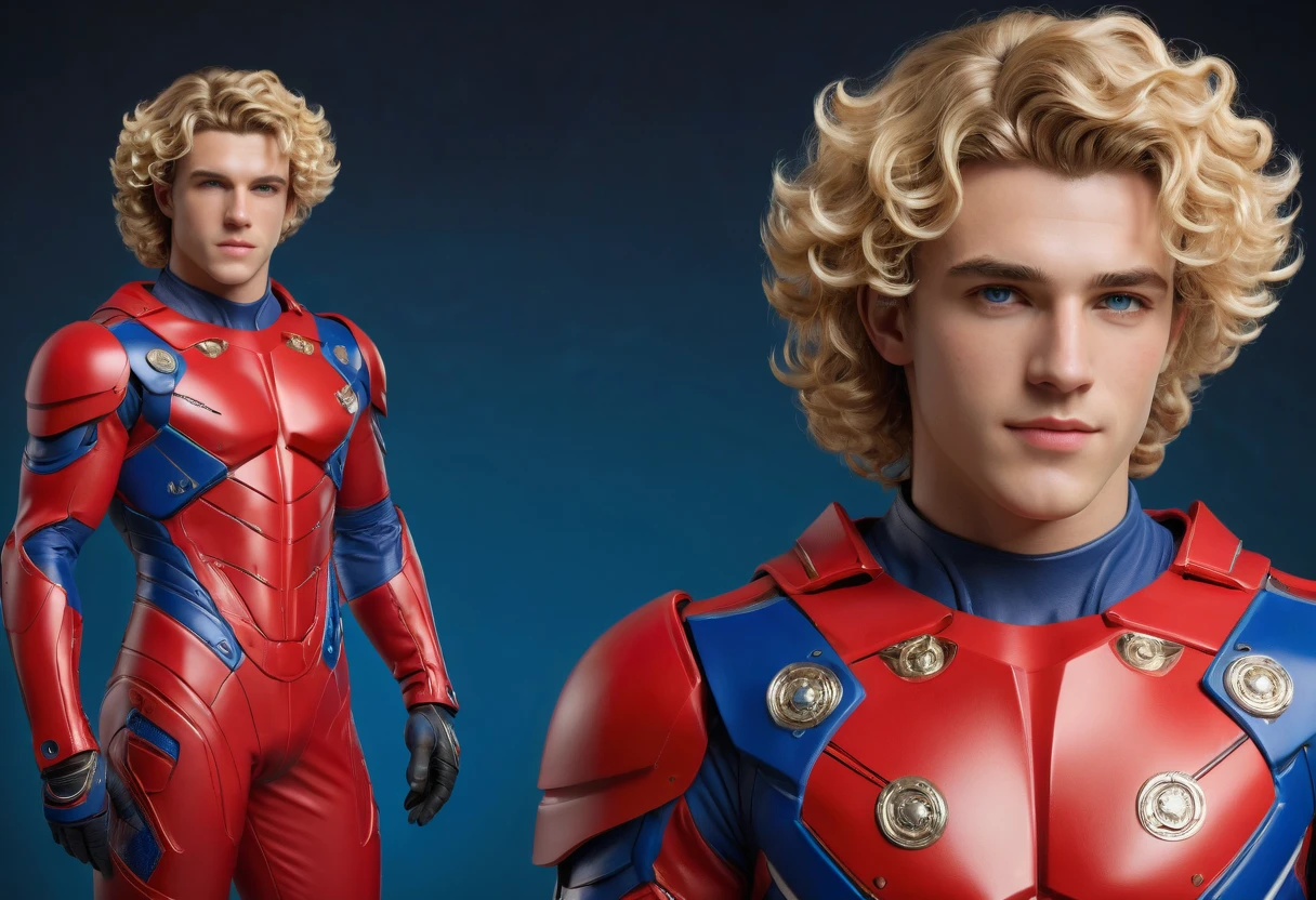 front view, side view, back biew, a dynamic photorealistic full-body ((character sheet)) of a 22years old RYAN DALISH, of north-american origin, fit appearance, well built, blonde curly hairs, chiseled chin, greek demi-god appearance, face like the roman and greek statues, in a red and blue futuristic spacesuit with boots, perfect anatomies, detailed faces, detailed skins, detailed eyes and mouths, well aligned teeth, high quality, 4k resolution, photographic, hyperrealistic,