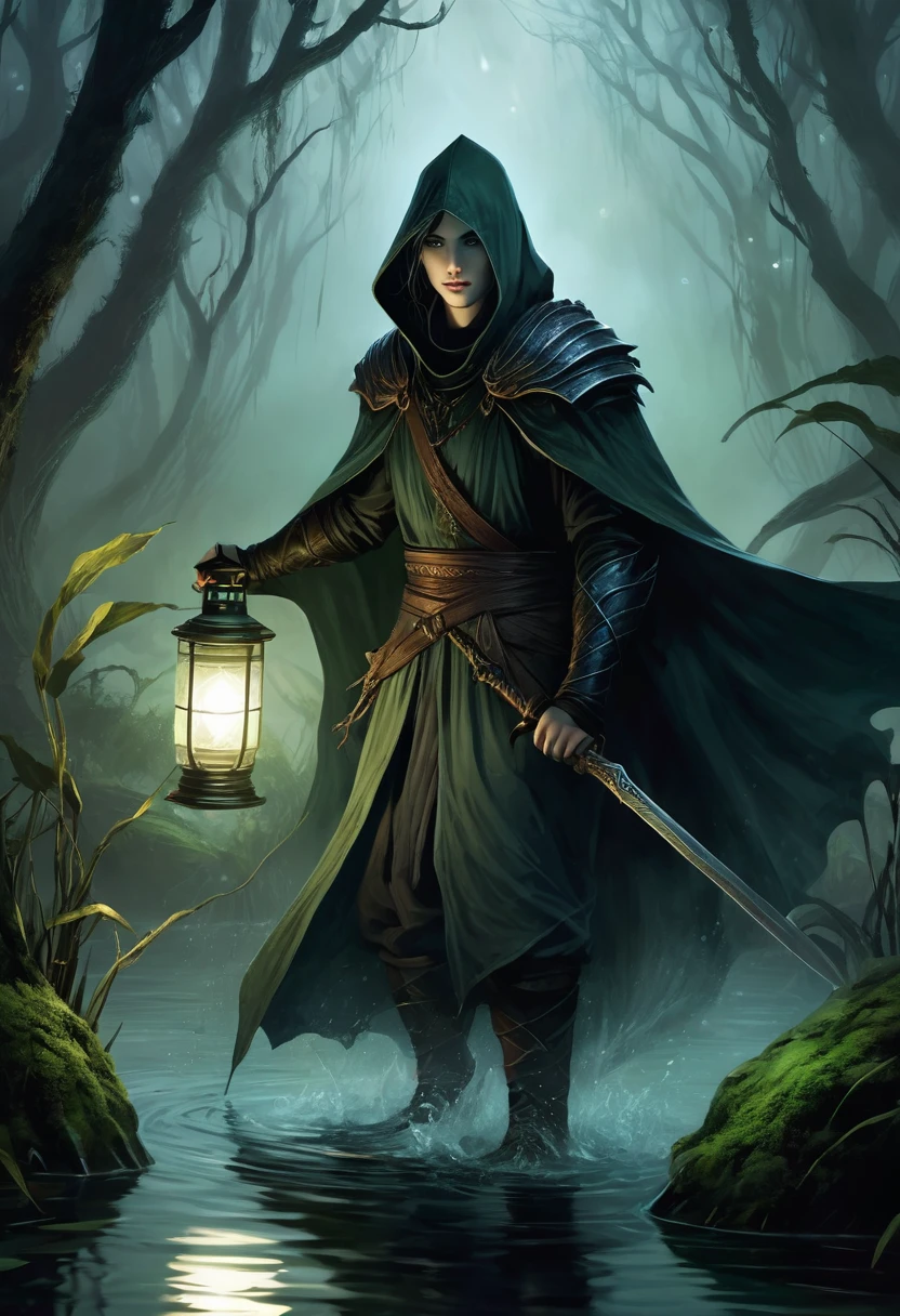 

Retrate Kaelith, the Shadowhunter, in a dark and misty swamp, amidst a fierce battle against aquatic monsters. Kaelith must be in a small wooden boat, holding a scared  wrapped in his protective cloak. He wields a curved sword, your figure wrapped in a dark cloak, with determined and fierce eyes. Ao redor dele, scaly creatures emerge from the murky waters, her sharp fangs reflecting the dim light of the oil lantern Kaelith carries. The atmosphere must be oppressive and gloomy, with the gnarled vegetation of the swamp and the pale moon barely visible through the dense clouds. The sparkling light of an enchantment spreads in the air, blinding the monsters and creating a dramatic contrast in the scene.