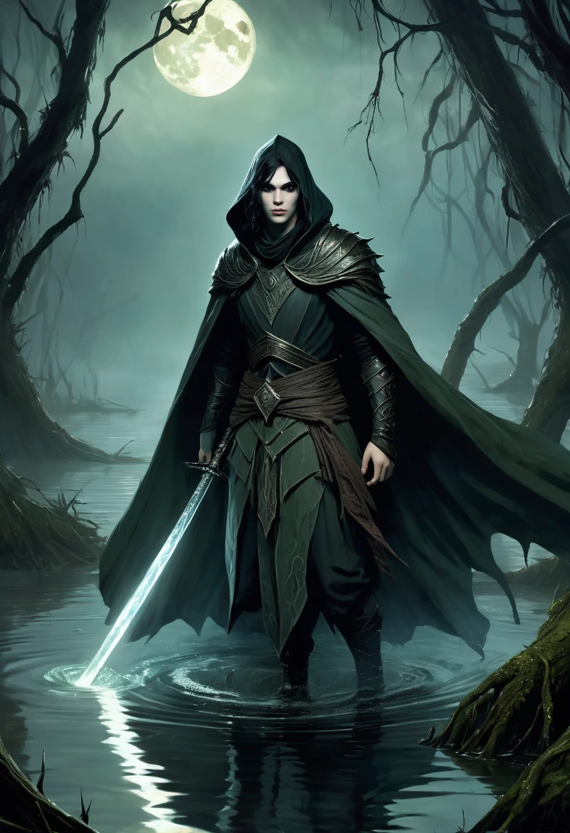 

Retrate Kaelith, the Shadowhunter, in a dark and misty swamp, amidst a fierce battle against aquatic monsters. Kaelith must be in a small wooden boat, holding a scared  wrapped in his protective cloak. He wields a curved sword, your figure wrapped in a dark cloak, with determined and fierce eyes. Ao redor dele, scaly creatures emerge from the murky waters, her sharp fangs reflecting the dim light of the oil lantern Kaelith carries. The atmosphere must be oppressive and gloomy, with the gnarled vegetation of the swamp and the pale moon barely visible through the dense clouds. The sparkling light of an enchantment spreads in the air, blinding the monsters and creating a dramatic contrast in the scene.