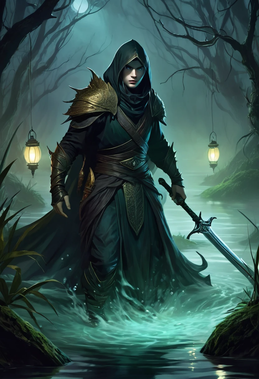 Retrate Kaelith, the Shadowhunter, in a dark and misty swamp, amidst a fierce battle against aquatic monsters. Kaelith must be in a small wooden boat, holding a scared wrapped in his protective cloak. He wields a curved sword, your figure wrapped in a dark cloak, with determined and fierce eyes. Ao redor dele, scaly creatures emerge from the murky waters, her sharp fangs reflecting the dim light of the oil lantern Kaelith carries. The atmosphere must be oppressive and gloomy, with the gnarled vegetation of the swamp and the pale moon barely visible through the dense clouds. The sparkling light of an enchantment spreads in the air, blinding the monsters and creating a dramatic contrast in the scene.