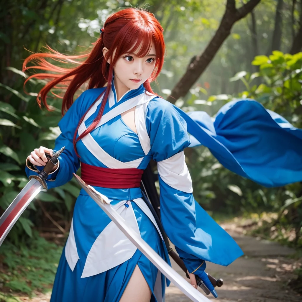 cute、Female Swordsman、Blue costume、Red hair、blade