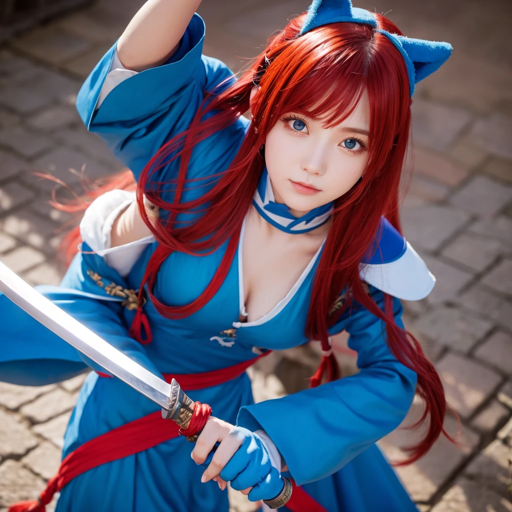cute、Female Swordsman、Blue costume、Red hair、