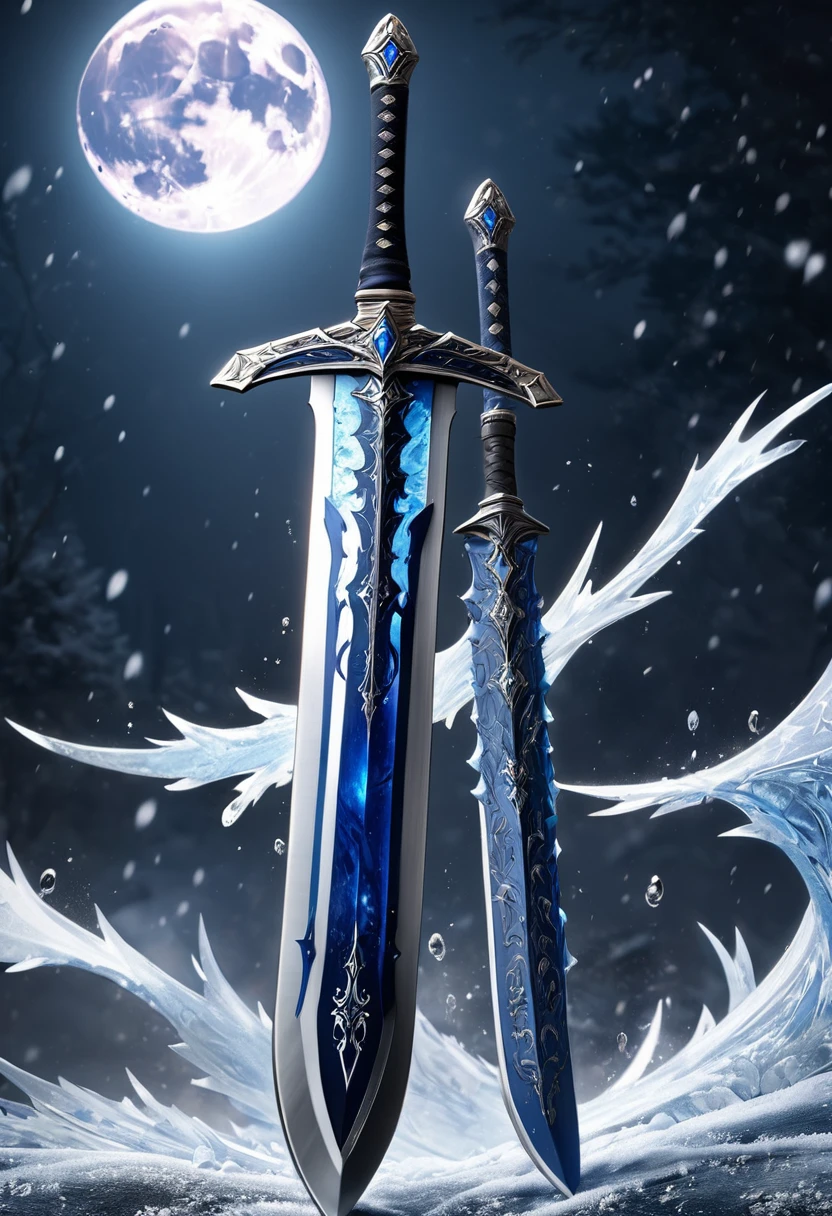 masterpiece, 8k, best quality, highly detailed, two handed greatsword made of dark blue & black steel with ice & frost covering the blade with a dark moon in the background