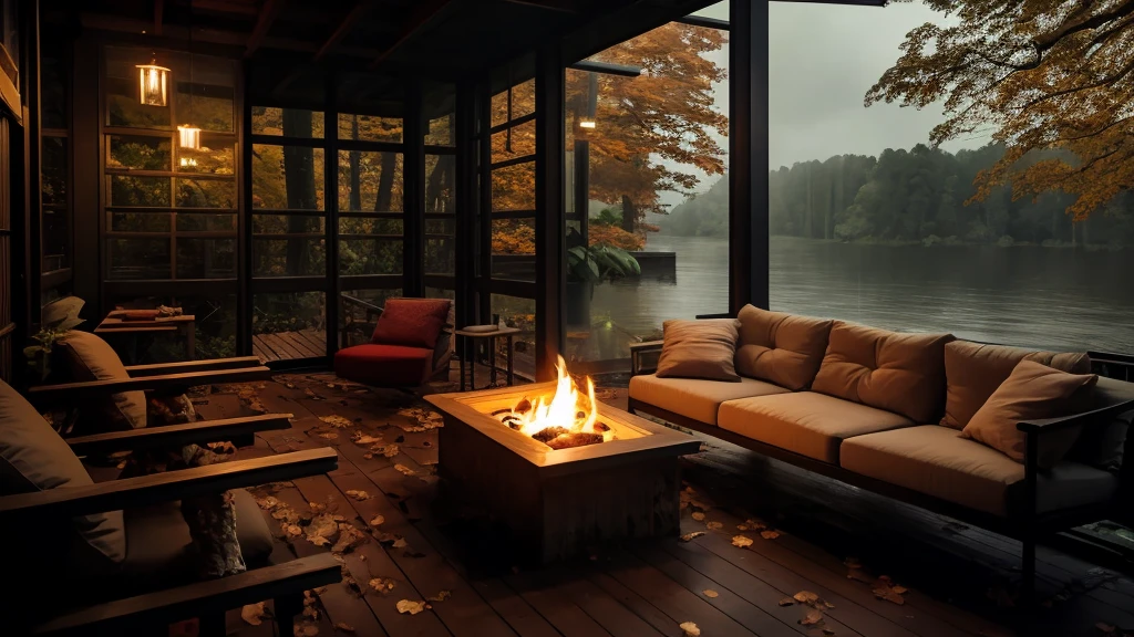 The image shows a cozy bedroom with a large window offering a view of a forest being drenched by rain. The bed is unmade with rumpled bedding, indicating recent use. Beside the bed, there is a small table with a classic lamp that is lit, casting warm light into the room. Outside the window, lush green plants can be seen in what appears to be a patio or balcony area, with rain visibly falling, creating a tranquil and peaceful atmosphere. The contrast between the indoor warmth and the outdoor rain creates an inviting and calming ambiance.